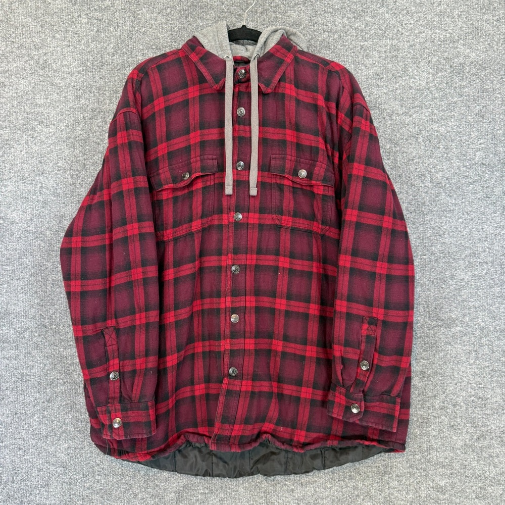 Craftsman Flannel Shirt Jacket Shacket Mens XL Red Plaid Quilted Hooded Workwear